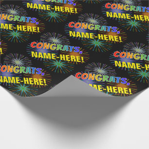 Papier Cadeau Motif arc-en-ciel "CONGRATS", Fireworks, Nom perso