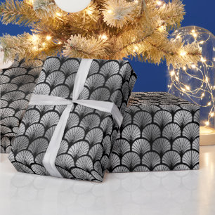 Papier Cadeau Motif Art Déco de grille éventail argent élégant