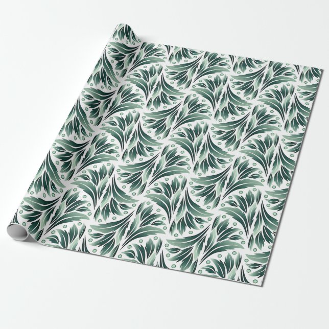 Papier Cadeau Motif Art Déco élégant avec feuillage vert (Déroulé)