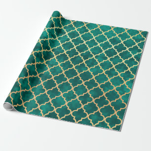 Papier Cadeau Motif Art déco élégant de Quatrefoil vert et or