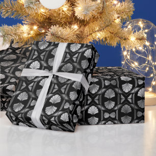 Papier Cadeau Motif Art Déco élégant en grille éventail argenté