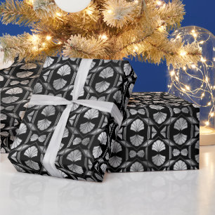 Papier Cadeau Motif Art déco floral argenté et noir
