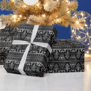 Papier Cadeau Motif Art déco floral argenté et noir