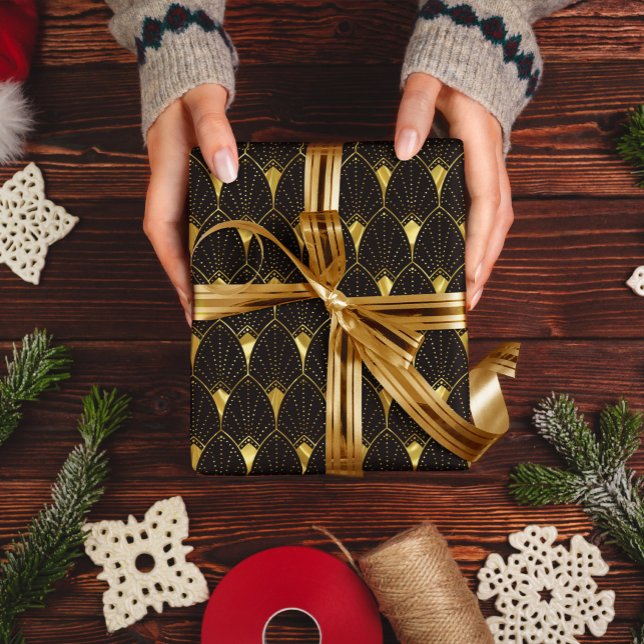 Papier Cadeau Motif Art déco Or brillant sur noir (Créateur téléchargé)