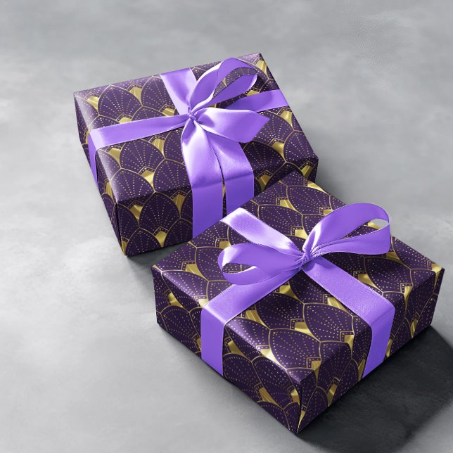 Papier Cadeau Motif Art Déco Or Brillant Sur Violet Profond (Créateur téléchargé)