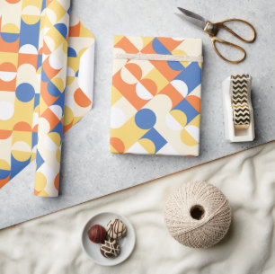 Papier Cadeau Motif artistique de cercles bleu azur et jaune ens