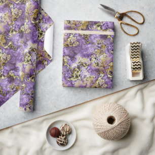 Papier Cadeau Motif artistique en agate or faux violet rose viol
