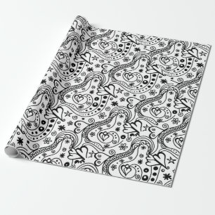 Papier Cadeau Motif Artsy de griffonnage d'amour noir et blanc