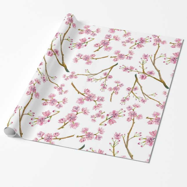 Papier Cadeau Motif assez rose d'aquarelle de fleurs de cerisier (Déroulé)