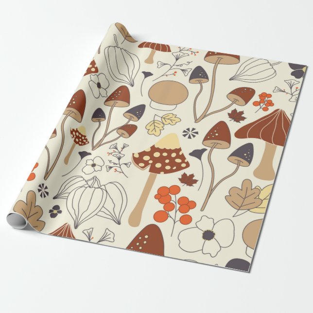 Papier Cadeau Motif automatique sans soudure avec champignons, f (Déroulé)