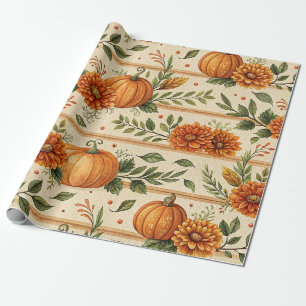 Papier Cadeau Motif automnal rustique de citrouille et de chrysa