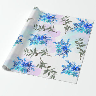 Papier Cadeau motif avec bouquet bleu de fleurs et feuille
