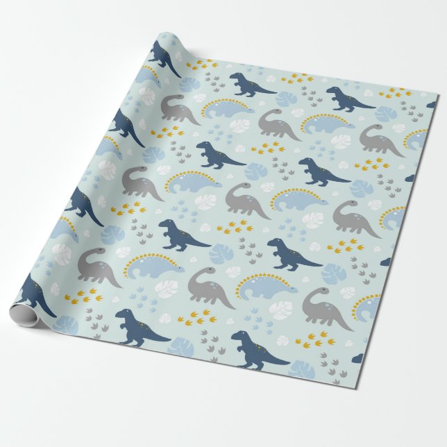 Papier Cadeau Motif Baby shower Blue Cute Dinosaur (Déroulé)