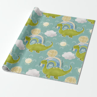 Papier Cadeau Motif Baby shower Dinosaure Et Ballotte À Air Chau