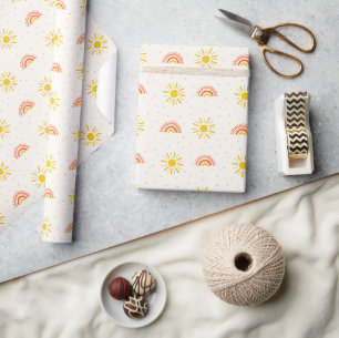 Papier Cadeau Motif bébé mignon arc-en-ciel et soleil bohème