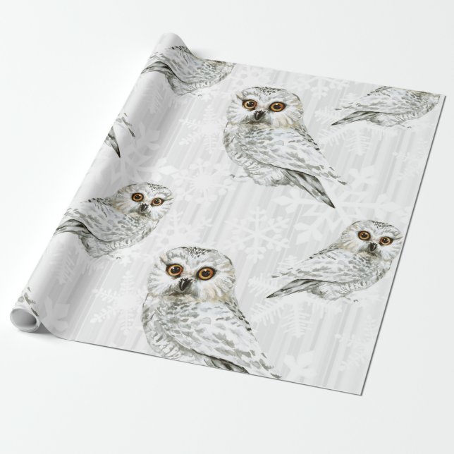 Papier Cadeau Motif blanc 10 de hibou d'hiver (Déroulé)