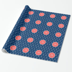 Papier Cadeau Motif blanc d'Ancres de bleu marine, monogramme de