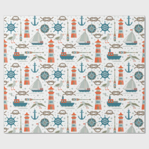 Papier Cadeau Motif blanc gris turquoise sur le thème nautique