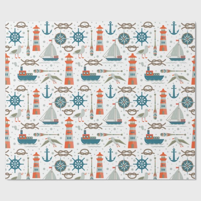 Papier Cadeau Motif blanc gris turquoise sur le thème nautique (Plat)