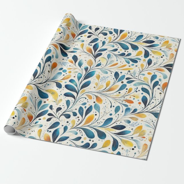 Papier Cadeau Motif bleu et or Paisley Leaf (2) (Déroulé)