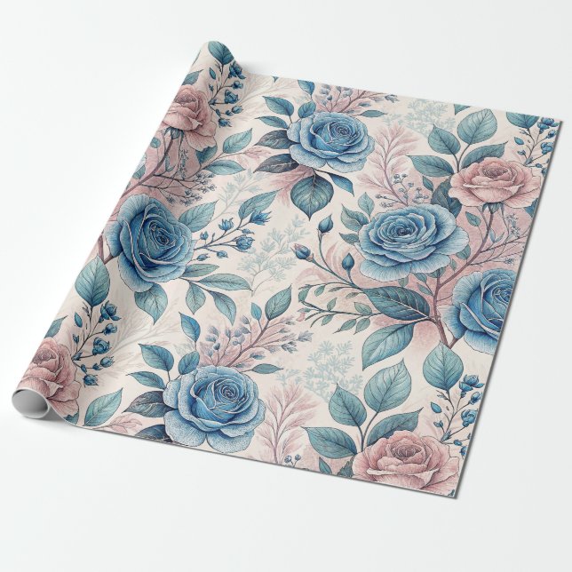 Papier Cadeau Motif bleu et rose sur blanc doux (Déroulé)