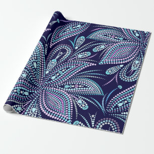 Papier Cadeau Motif bleu pointillé avec cachemire et perles. Nom