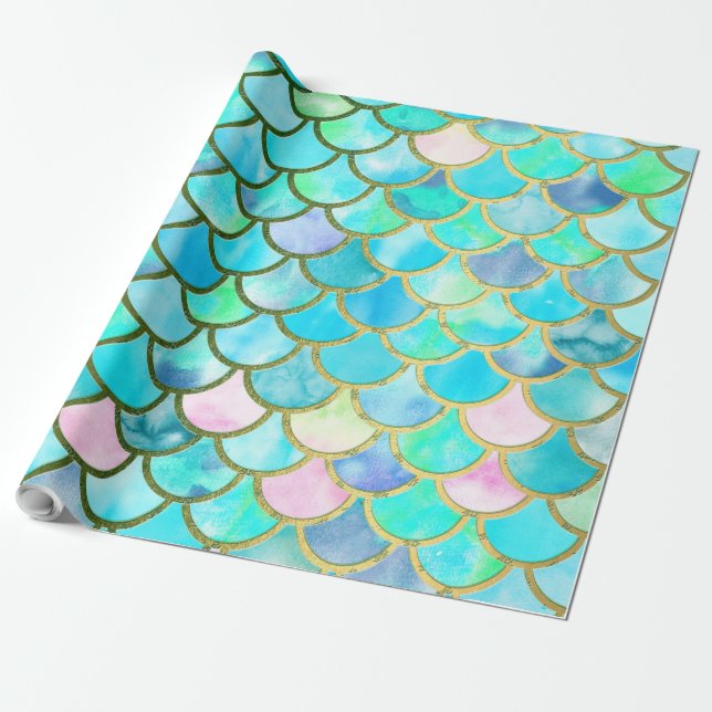 Papier Cadeau Motif bleu turquoise d'échelles de sirène (Déroulé)