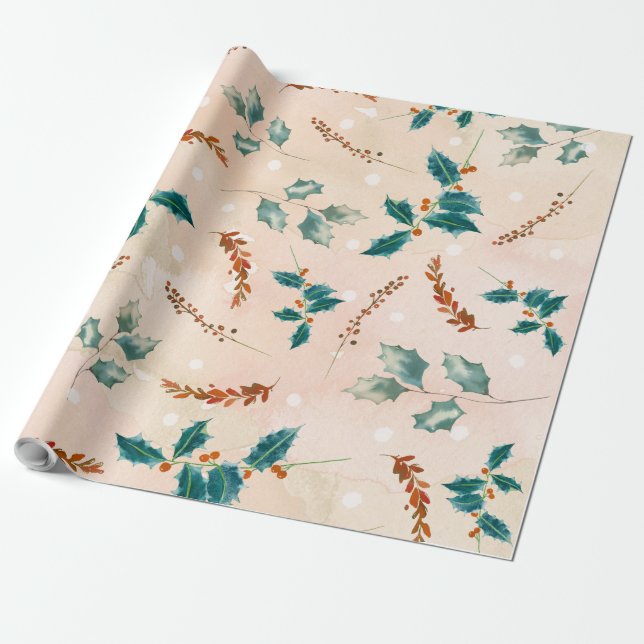 Papier Cadeau Motif Boho de Noël avec Feuilles (Déroulé)