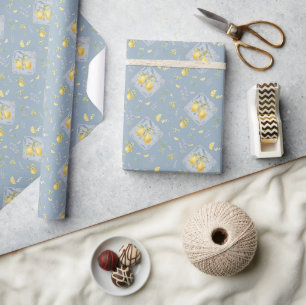 Papier Cadeau Motif botanique aquarelle italien bleu de citron