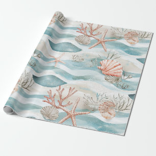 Papier Cadeau Motif botanique côtier Aqua Coral