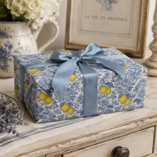 Papier Cadeau Motif botanique de citron bleu vintage