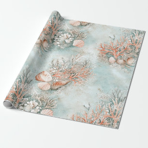 Papier Cadeau Motif botanique de coquille d'océan Aqua doux