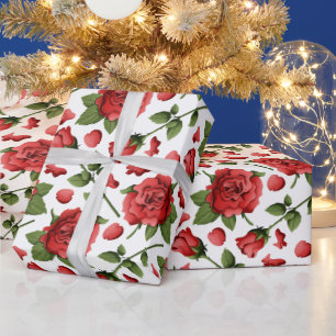 Papier Cadeau Motif botanique de feuillage de roses rouges victo