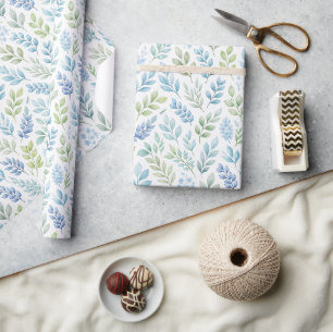 Papier Cadeau Motif botanique de feuille à l'aquarelle bleue et