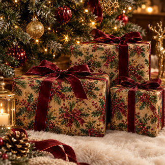 Papier Cadeau Motif botanique de Noël Kraft – Ruban bordeaux, 