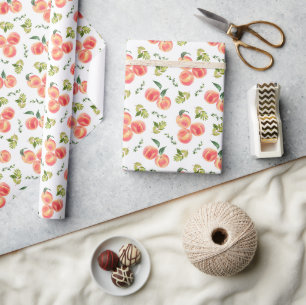 Papier Cadeau Motif botanique de pêches et de verdure à l'aquare