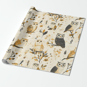 Papier Cadeau Motif botanique faunique élégant beige de hibou