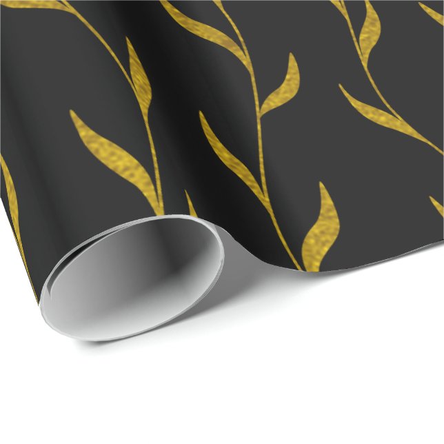 Papier Cadeau Motif botanique Feuille Gold Floral en noir (Coin rond)