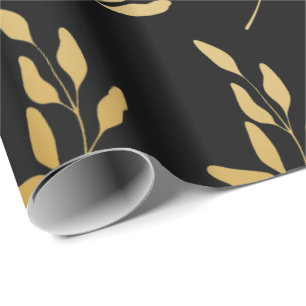 Papier Cadeau Motif botanique Feuille Gold Floral en noir