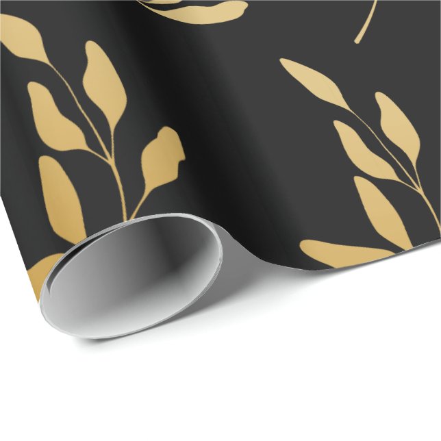 Papier Cadeau Motif botanique Feuille Gold Floral en noir (Coin rond)