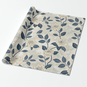 Papier Cadeau Motif botanique floral bleu vintage (3)