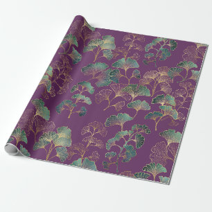 Papier Cadeau Motif botanique japonais Ginkgo or pourpre