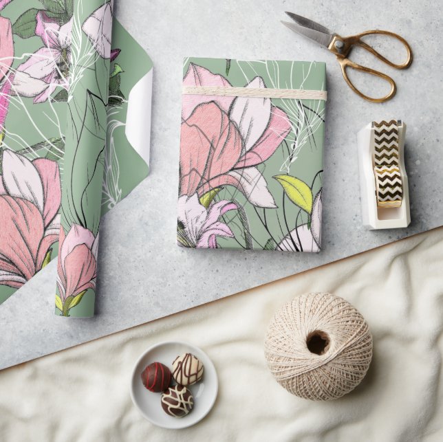 Papier Cadeau Motif Botanique Moderne Rose Et Vert (Artisanat)