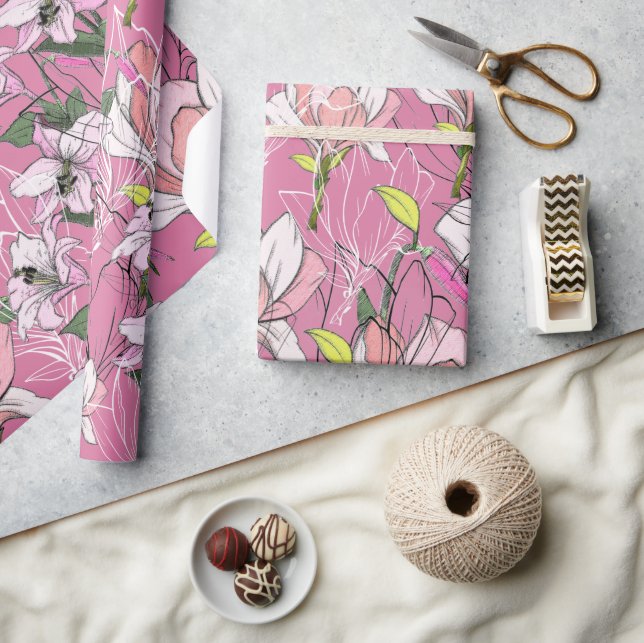 Papier Cadeau Motif Botanique Moderne Rose Et Vert (Artisanat)