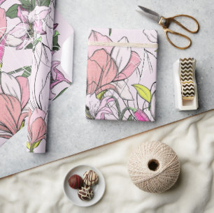 Papier Cadeau Motif Botanique Moderne Rose Et Vert