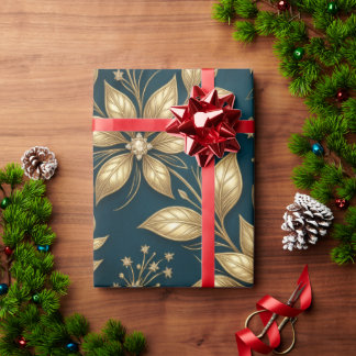 Papier Cadeau Motif botanique sans couture bleu sarcelle et or C
