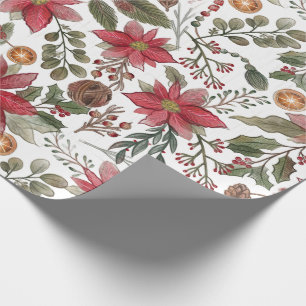 Papier Cadeau Motif botanique traditionnel de Noël à poinsettia