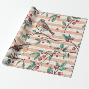 Papier Cadeau Motif Branche de Baies de Rossignol Péché Vintage
