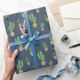 Papier Cadeau Motif Cactus Vert Sur Bleu
