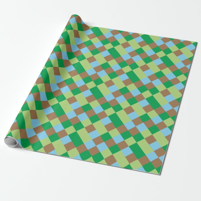 Papier Cadeau Motif carré bleu vert et marron (Déroulé)